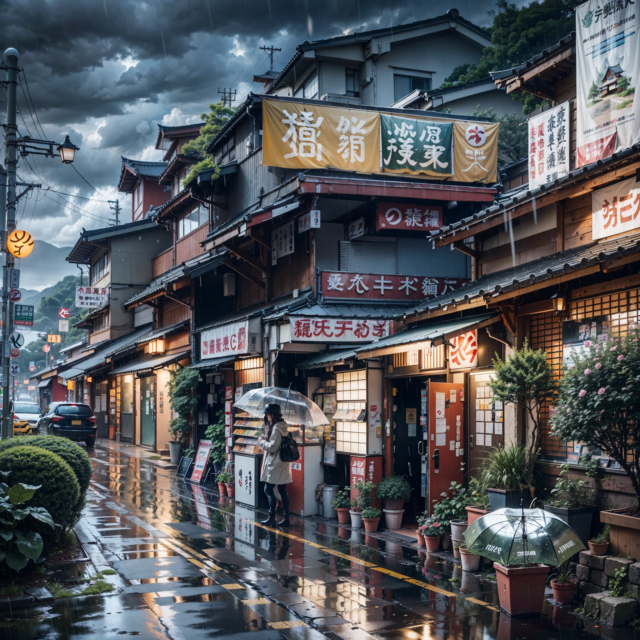 japan road, overlooking the city, Modern Japanese architecture, Japanese-style architecture, Japan convenience shop, Japanese store signboard, Japanese signs, flowerpot, (nobody: 1), nobody, nobody in sight, no cars, There are no vehicles, rain, raining, heavy rainfall, wet, water puddles, dramatic rain, dramatic rain, heavy rain, lots of rain, rain drops, rain falling, rain drops falling, gloomy weather, The sun rises slowly through the clouds, storm