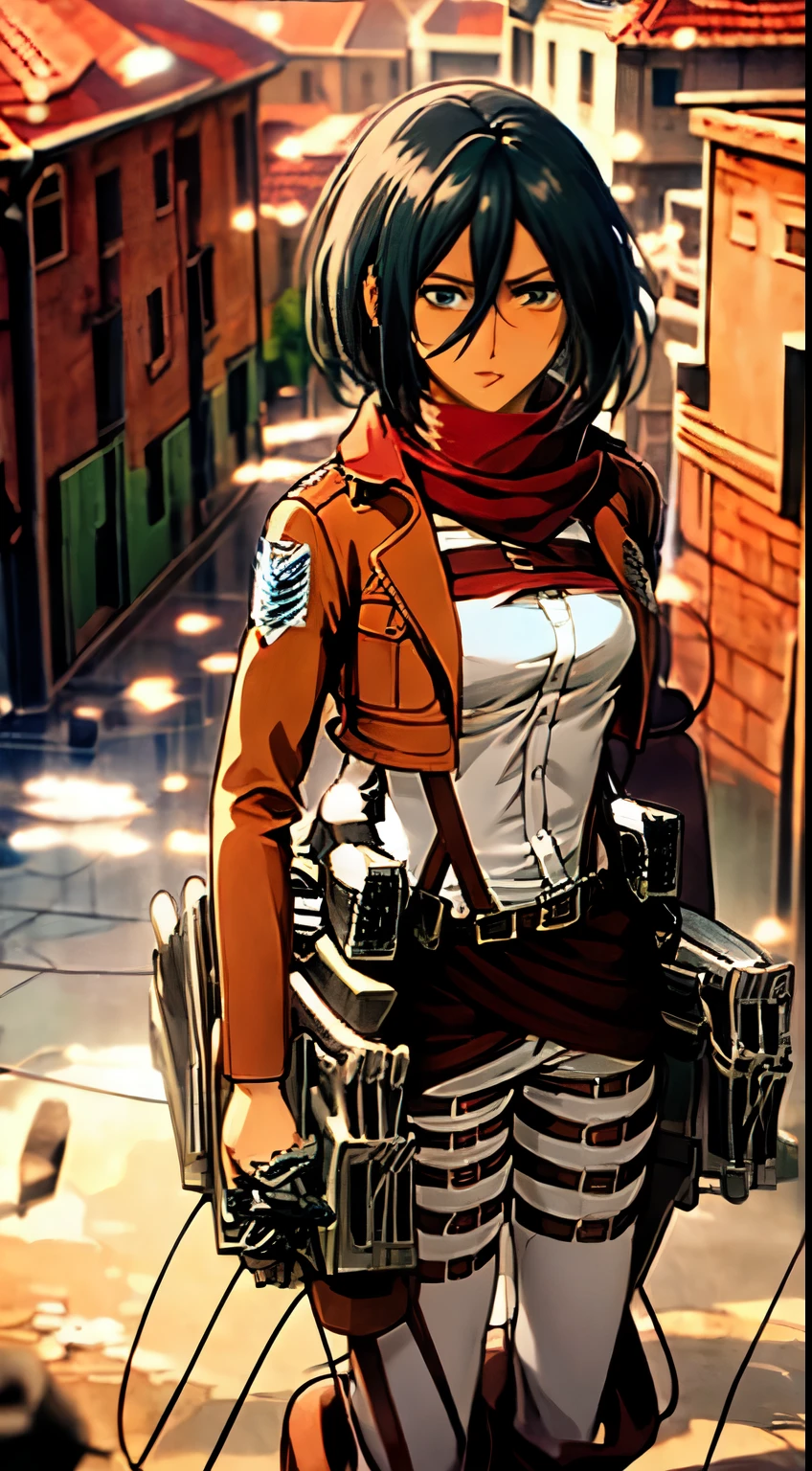  4k, wallpaper,Full body, (Best Quality), (Masterpiece), a very exquisite and beautiful girl, very detailed, amazing, with exquisite details, official art, super detailed, high-level,  shingeki no kyojin, mikasa ackerman, 1girl, arm strap, bangs, black hair, black pants, breasts, cowboy shot, embers, green eyes, hair between eyes, long sleeves, looking at viewer, medium breasts, pants, red scarf, scarf, shirt, short hair, solo, thigh strap,  brown jacket, white shirt, survey corps \(emblem\), ((masterpiece)), best quality, ,hmmikasa, black eyes