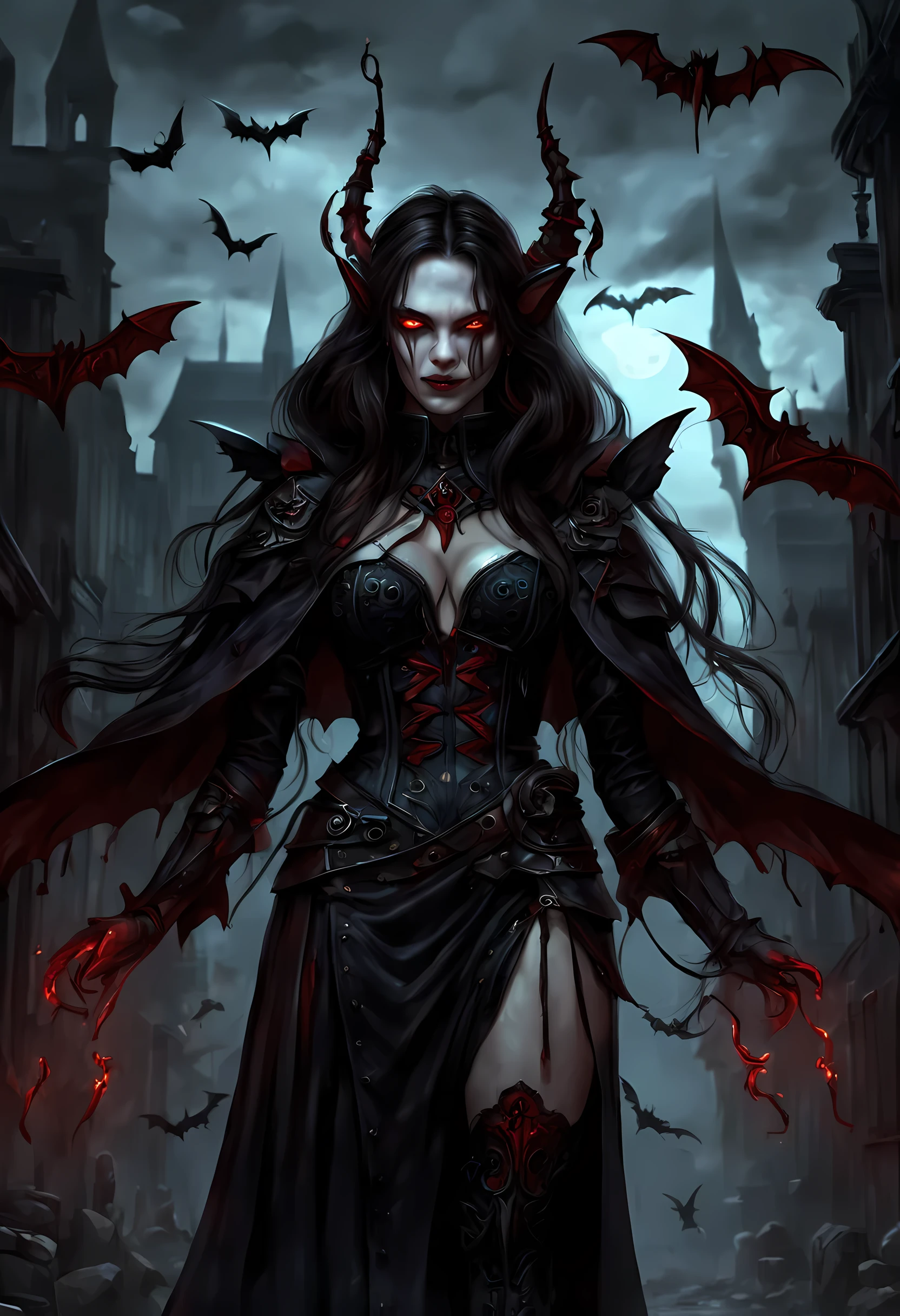 arafed, dark fantasy art, gothic art, (masterpiece:1.5), full body best details, NecromancyAI highly detailed, best quality, highres, GlowingRunes_redת full body portrait of a vampire, elf (1.6, Masterpiece, best quality), ultra feminine (1.4 intricate details, Masterpiece, best quality) with a long curvy hair, dark color hair, red eyes (1.3 fantasy art, Masterpiece, best quality), ((beautiful delicate face)), Red Glowing Veinsת Ultra Detailed Face (1.4 intricate details, fantasy art, Masterpiece, best quality), [visible sharp vampiric fangs] (1.6 intricate details, fantasy art, Masterpiece, best quality), [anatomically correct] red cloak, flowing cloak (1.4 intricate details, fantasy art, Masterpiece, best quality), wearing an intricate leather [white] dress (1.4 intricate details, gothic art, Masterpiece, best quality), high heeled boots, blood dripping on lipackground (intense details, beat detailantasy, at night light, natural ,moon light, soft moon light, moon rays, clouds, gothic atmosphere, gothic street background, bats flying in background, soft light, dynamic light, [[anatomically correct]], high details, best quality, 8k, [ultra detailed], masterpiece, best quality, (extremely detailed), dynamic angle, ultra wide shot, RAW, photorealistic, zrpgstyle