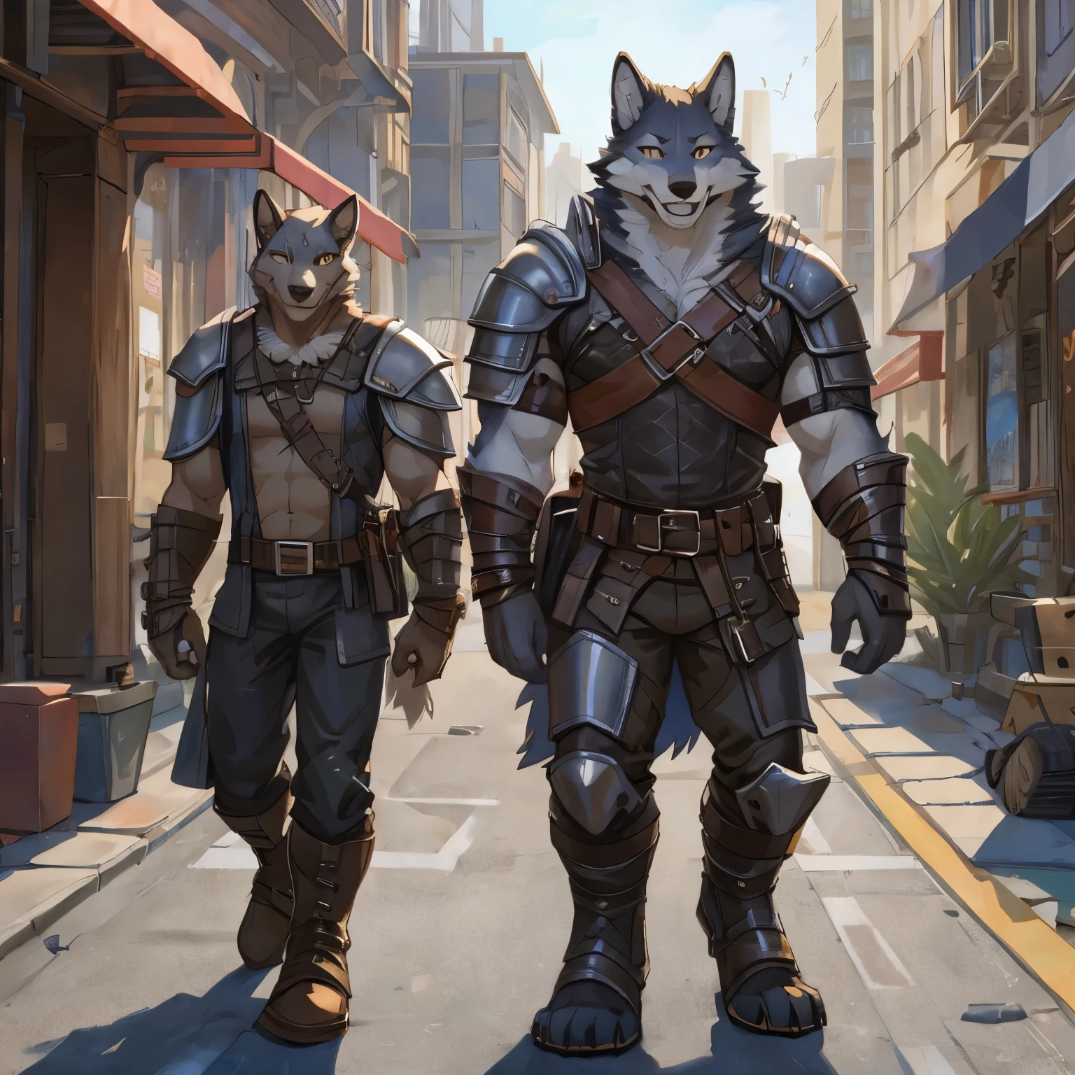 Teenager,wolf，street，fur,mercenary,Leather armor,smile,tall,male, anthro, furry,by null-ghot