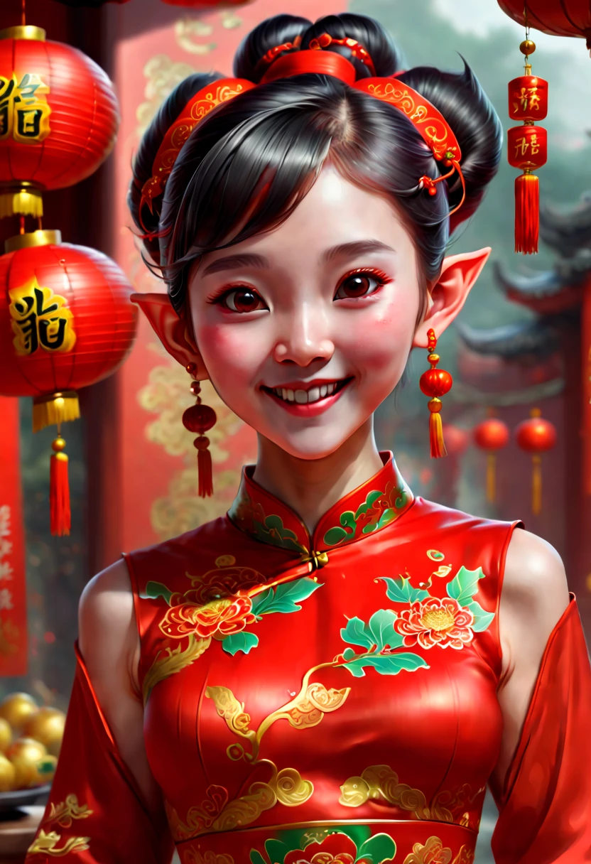 a Elf girl in festive attire celebrates the Chinese New Year, Elf ear, red cheongsam, joyful expression, traditional decorations, digital painting, culturally rich, photorealistic art, by He Jiaying, clean lines, vibrant, authentic celebration, octane render, (best quality, masterpiece, Representative work, official art, Professional, 8k:1.3)