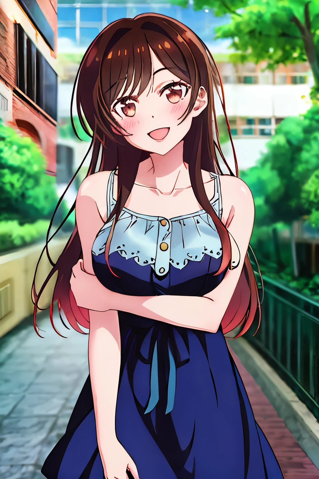 chizuru, 1girl, solo, long_hair, looking_at_viewer, blush, smile, open_mouth, bangs, brown_hair, shirt, dress, brown_eyes, collarbone, upper_body, outdoors, sleeveless, day, head_tilt, sleeveless_shirt, blurry_background, blue_dress, peeking_out