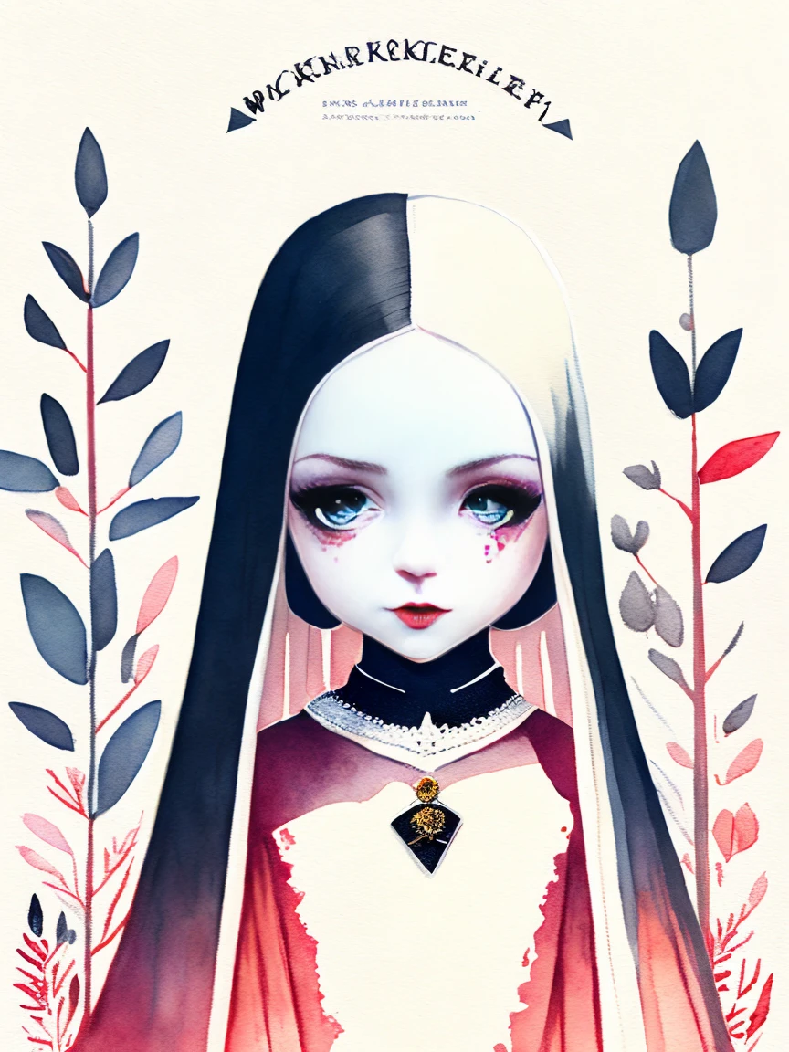 Aufkleber Designe, Wednesday Addams, Gothic Style, dunkelschwarze Wimpern ,leuchtend rote Augen, digital Illustration, Comic-Stil, Gotische Renaissance, perfekte Anatomie, zentriert, Der Perfektion nahe, Dynamisch, Sehr detailliert, framed by bones and skulls, Aquarellmalerei, Kunststation, Konzeptkunst, glatt, scharfer Fokus, Illustration, Bild von Wlop und Ross Tran ,