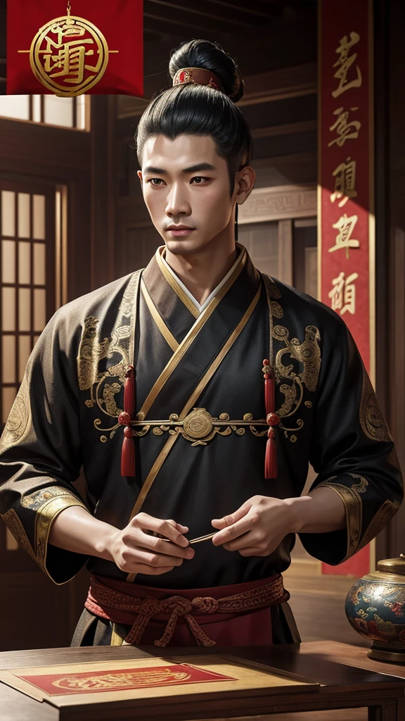 oriental、man in ancient chinese clothes、ancient chinese hairstyle man、three kingdom、highest quality、masterpiece、ultra high resolution、(Photoreal:1.4)、game poster、inside the house、Upper body、highest quality、masterpiece、ultra high resolution、(Photoreal:1.4)、game poster