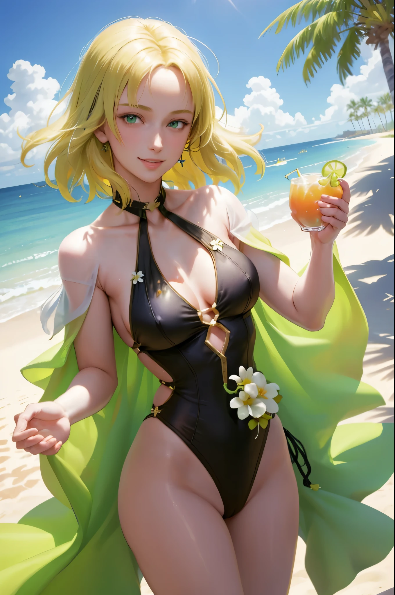 masterpiece, best quality, feSelena, green capelet, one-piece swimsuit, flower, shiny skin, beachside, sand, cocktail, palm trees, looking at viewer, smile 