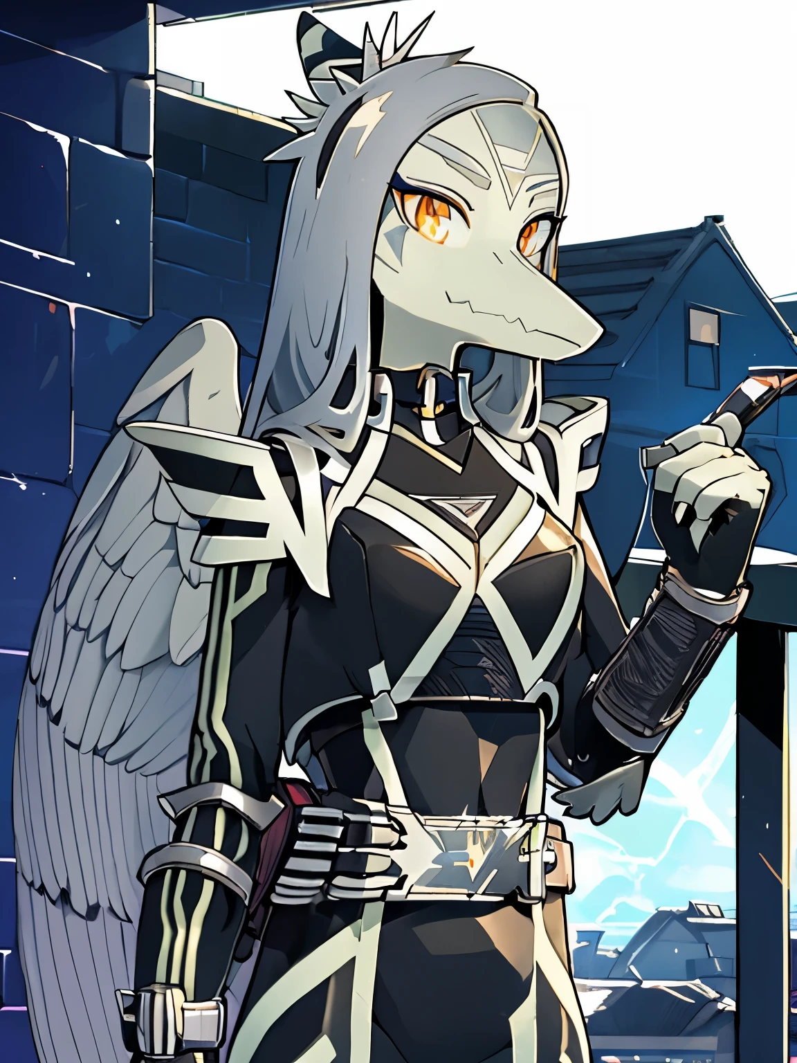 Fang, female, Dinosaur, pterodactylus,  female pterodactylus, female Slim body, small Nice breast, feathered wings, simple eyes, scalie, full-body portrait, looking at viewer, rooftop, No helmet, no mask, unmasked, ((wearing kamen rider kaixa suit, kaixa Belt, female suit, bare face)), (((no mask, no helmet, only suit, Bare head, showing face))), night urban background, night landscape, night sky