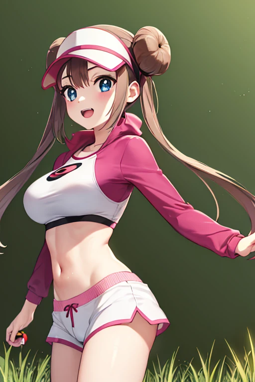 Masseter muscle part, highest quality, Super high resolution, highest quality, anime style, best lighting, beautiful face, masterpiece, high resolution, RO1, bun hair, blue eyes, twin tails, visor cap,underwear, Yellow shorts, shirt, pink ribbon, watch,  Are standing, cowboy shot, Depth of bounds written, pokeball \(basic\), laughter, (grass background:1.5), pleasant sunny sky, 1 girl、big breasts