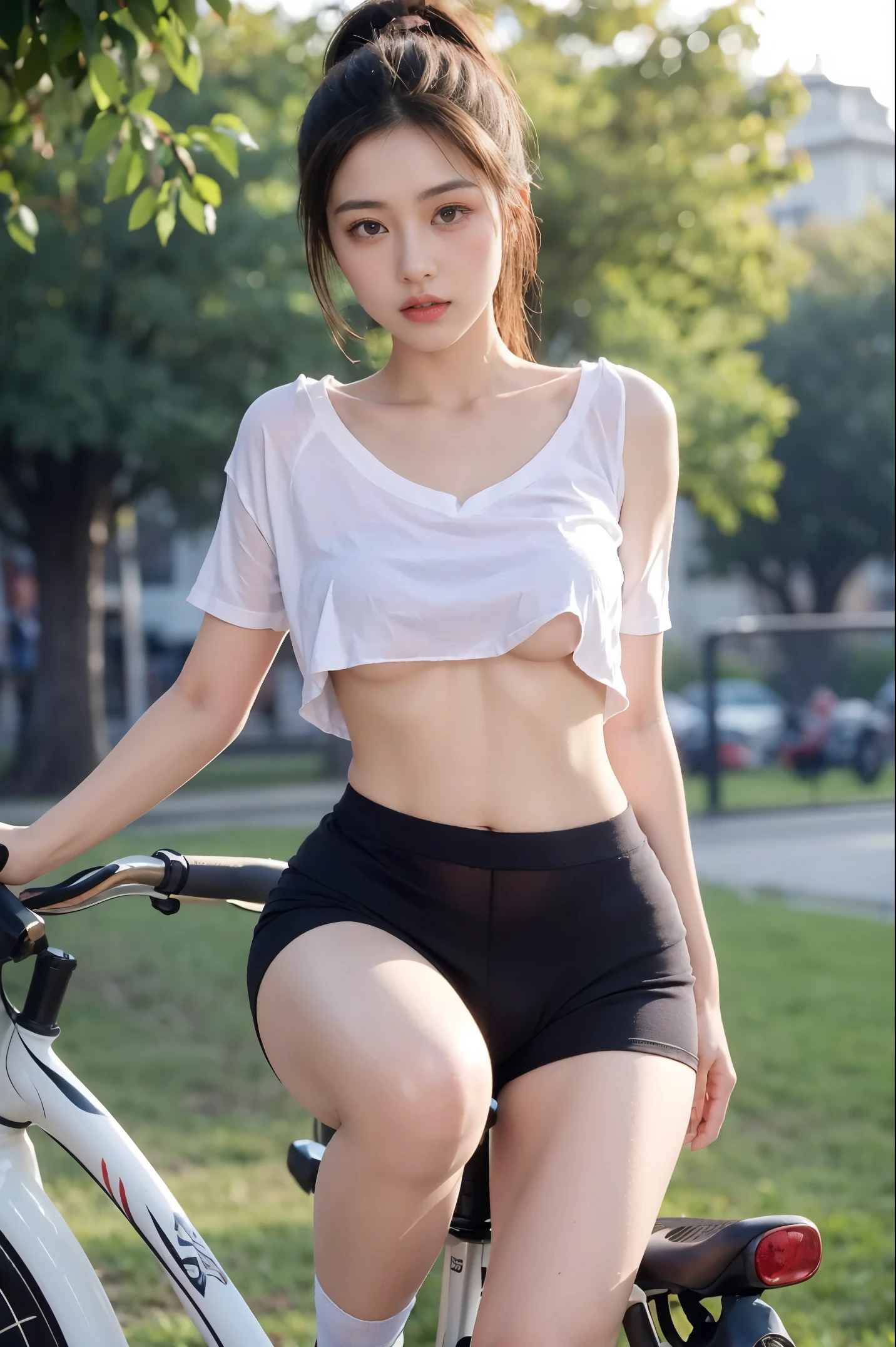 Camera lens，Real-world scenarios，A young and beautiful Asian lady wearing a loose white v-neck t-shirt，The clothes are a little transparent due to sweat.，The shoulders are exposed and the collarbone  visible，Realistic skin texture。ultra short tight boxer briefs，Very tight，camel toe。臀部Larger，The hips are wide，thin waist，Larger，Realistic skin texture，high-top socks sneakers，ponytail，Painted with light makeup，Blush  beautiful。Riding a bicycle in the park，blur background，front view，Rear view，dynamic poses，Show off your figure in all aspects，Ray tracing，Best results，high resolution，masterpiece