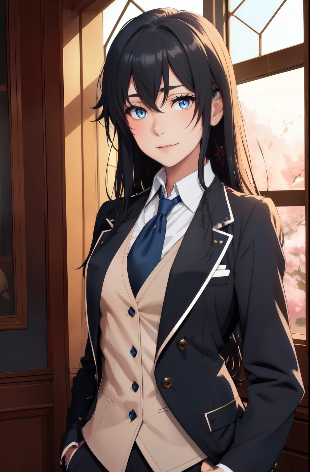 japan, highres, highest quallity, illustration,  ultra detailed, (detailed face), (detailed eyes), soft lighting, best quality, hazy glow, dreamy atmosphere, hyper detailed, masterpiece, 1girl, solo, Yukinoshita yukino ,woman in formal attractive tailcoat standing in a large alcove in the room , 1girl, solo, blue necktie, black hair, blue eyes, long hair, smile , collared shirt, white pants, white shirt , tailored tailcoat elegant , standing in front of a window ,tailcoat tailored to elegant . Featuring striking Victorian theme and crafted from the lustrous fabric