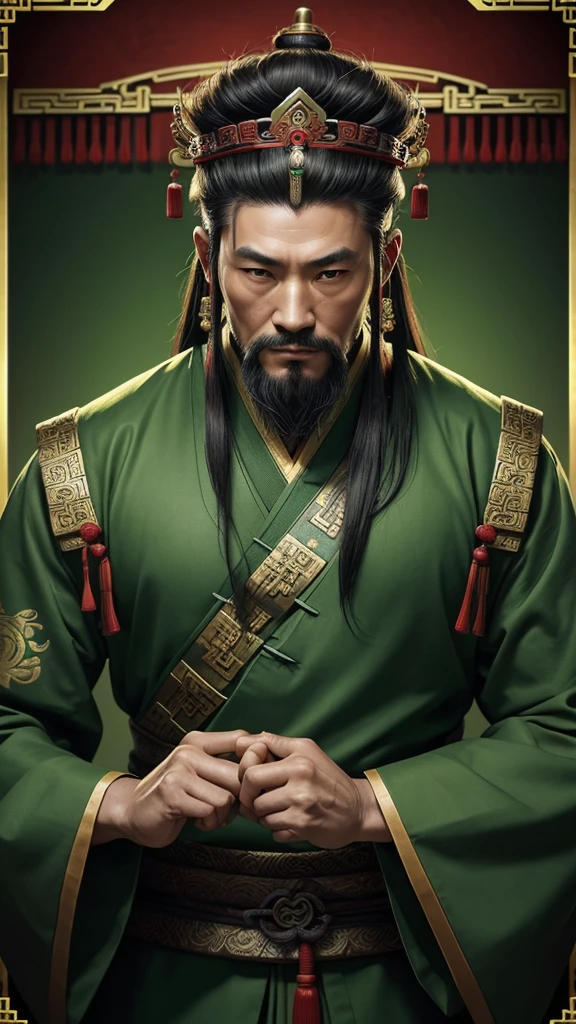 oriental、ancient chinese man wearing green clothes、ancient chinese hairstyle man、ancient chinese leather crown、three kingdom、multiple warlords、highest quality、masterpiece、ultra high resolution、(Photoreal:1.4)、game poster、inside the house、Upper body、highest quality、masterpiece、ultra high resolution、(Photoreal:1.4)、game poster