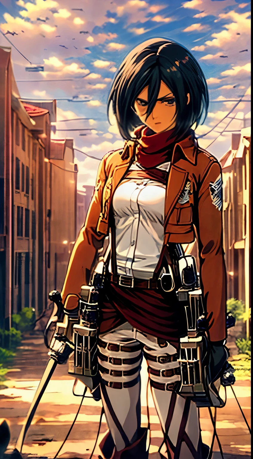  4k, wallpaper,Full body, (Best Quality), (Masterpiece), a very exquisite and beautiful girl, very detailed, amazing, with exquisite details, official art, super detailed, high-level,  shingeki no kyojin, mikasa ackerman, 1girl, arm strap, bangs, black hair, black pants, breasts, cowboy shot, embers, green eyes, hair between eyes, long sleeves, looking at viewer, medium breasts, pants, red scarf, scarf, shirt, short hair, solo, thigh strap,  brown jacket, white shirt, survey corps \(emblem\), ((masterpiece)), best quality, ,hmmikasa, black eyes