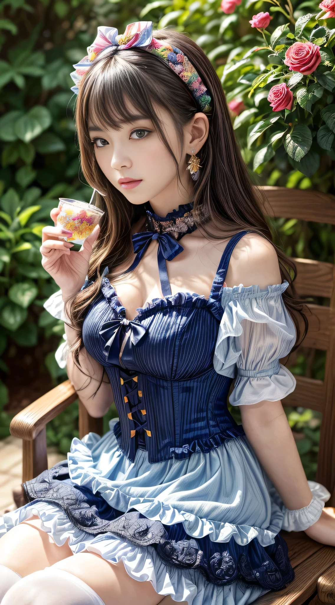 (masterpiece、highest quality、highest quality、official art、beautiful and aesthetic:1.2)、(one girl:1.3)、very detailedな、(fractal art:1.1)、(colorful:1.1)(Floral:1.3)、most detailed、(zentangle:1.2)、Full body Esbian、(Blue sky and rose garden:1.3)、(Glossy skin)、(multicolor:1.4)、、(ear nipple rings)、(Pluma:1.5)、masterpiece、highest quality、highest quality、official art、beautiful and aesthetic:1.2)、(1 girl)、very detailed、(fractal art:1.3)、colorful、highest details、long、black hair、Big eyes、Female Japan、(Ruffle frills、Chiffon Lace Ribbon Suspenders、(Striped design pastel color dress ribbon headband、Open Colorborn、puff sleeves、thin ribbon corset、Balloon skirt、white net tights、colorful星型ビーズアクセサリー)、cute table、black tea、teapot、macaroons