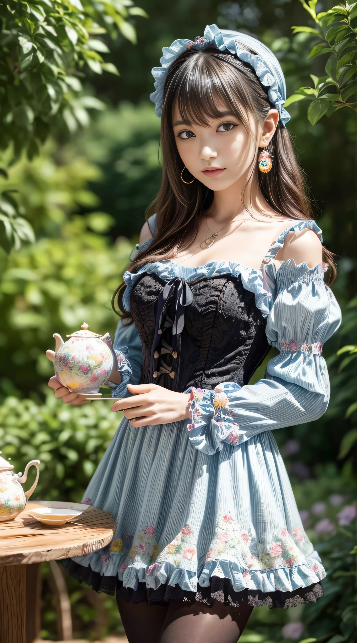 (masterpiece、highest quality、highest quality、official art、beautiful and aesthetic:1.2)、(one girl:1.3)、very detailedな、(fractal art:1.1)、(colorful:1.1)(Floral:1.3)、most detailed、(zentangle:1.2)、Full body Esbian、(Blue sky and rose garden:1.3)、(Glossy skin)、(multicolor:1.4)、、(ear nipple rings)、(Pluma:1.5)、masterpiece、highest quality、highest quality、official art、beautiful and aesthetic:1.2)、(1 girl)、very detailed、(fractal art:1.3)、colorful、highest details、long、black hair、Big eyes、Female Japan、(Ruffle frills、Chiffon Lace Ribbon Suspenders、(Striped design pastel color dress ribbon headband、Open Colorborn、puff sleeves、thin ribbon corset、Balloon skirt、white net tights、colorful星型ビーズアクセサリー)、cute table、black tea、teapot、macaroons