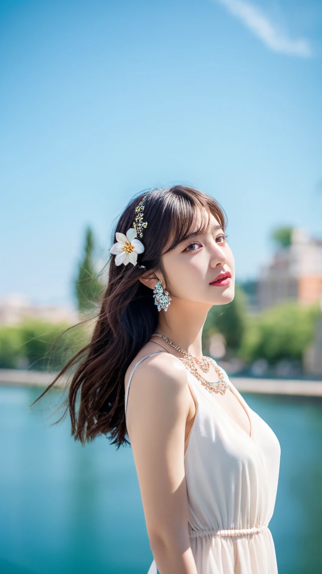 1girl,solo,long hair,breasts,brown hair,black hair,hair ornament,thighhighs,dress,brown eyes,jewelry,closed mouth,flower,earrings,outdoors,sky,sleeveless,hair flower,water,necklace,white dress,blurry,