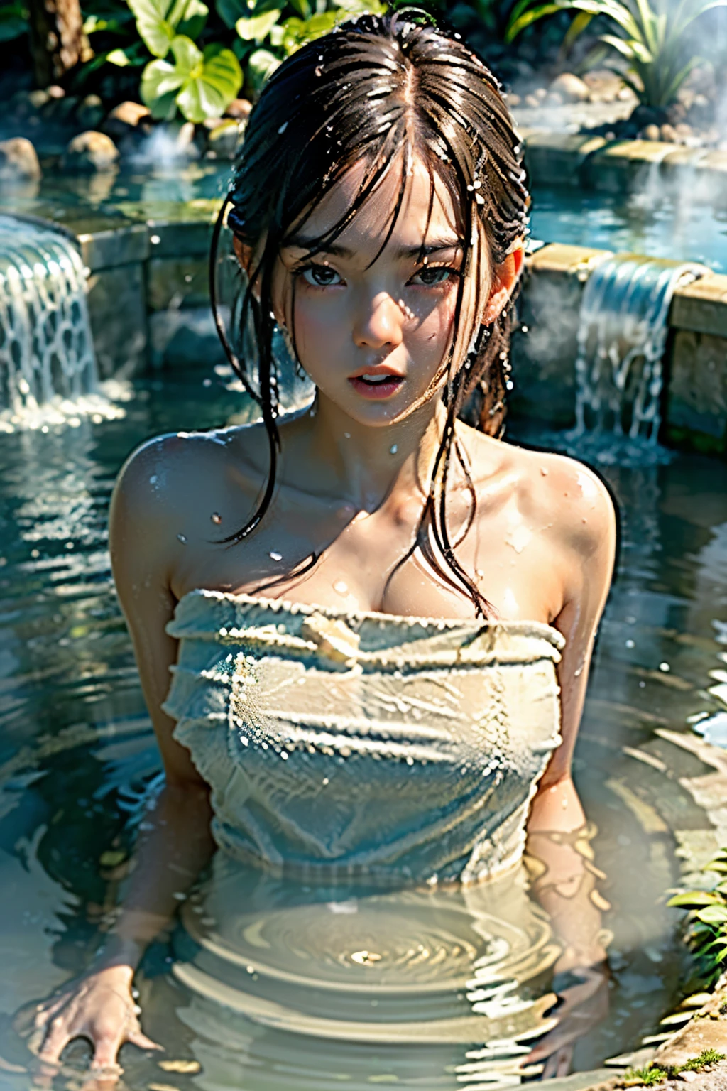 (masterpiece), (highest quality:1.4), disorganized, [:intricate details:0.2], 1 girl, (naked towel), (geyser, hot spring:1.2), wet Skg:1.2), mist, shiny skin, Glossy skin, (partially submerged in the hot spring:1.2), (Wet hair:1.2), mist, Wet, Water Moisture,