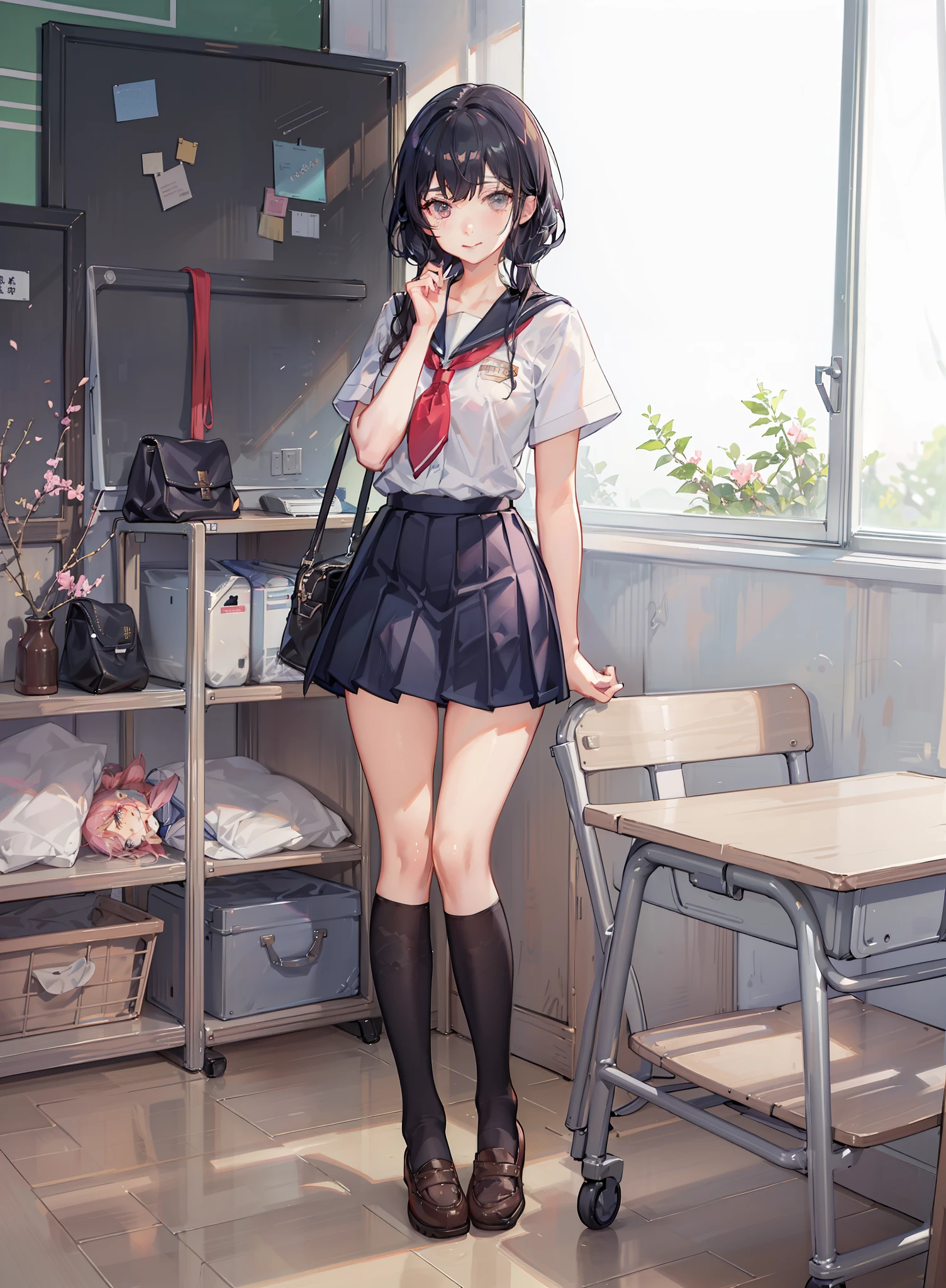 anime girl in a school uniform standing in a room with a desk, a hyperrealistic schoolgirl, realistic schoolgirl, hyperrealistic schoolgirl, beautiful anime high school girl, smooth anime cg art, cute schoolgirl, standing in class, school girl, anime visual of a cute girl, kantai collection style, full body portrait of a short!, visual novel cg