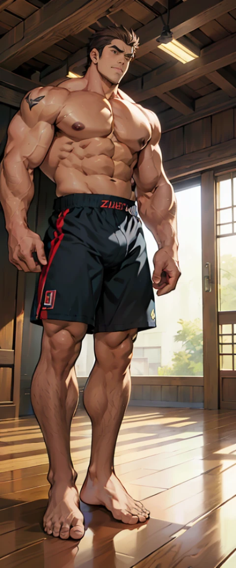 (shoeless),( With a green tattoo on his shoulder),show off thick arms to the audience,(shorts),(Whole body),(Giant arm),(macropodia),(Long legottom-up view),(Side to audience) ,(Put your hands at your waist), (eyes looking at audience) ,(body hair thick),(There a huge protuberance across the part),Side Body,Sense of evil,Sharp eyes,Thick dark brown hair on crotch,closeup of arms,((The camera zooms in)),((The audience blocked by the protagonist in a corner and the perspective slightly lower.)),(Bottom-up view),(crotch),(Shoulders exposed),(Stout arms),Shoulders very broad,Muscles protrude a lot,Bulging crotch,(Long legs),Highest image quality,Anime ,anime wallpaper,Dilation of the pectoral muscles,Espalhe as pernas,sexy,(master part, best quality),((Exaggerated bulge of muscles)),The protagonist very tall and his head almost reaches the ceiling.,The background in an interior with vintage furniture and vintage wooden floor surrounding,Lush woods outside the window,musclebound and hulking, muscular characters, super buff and cool, tall and muscular, muscular!!, very buff, muscular attractive men, massive muscles, big muscle, Muscular men, anime handsome men, muscular!, gigachad muscles, muscular bodies, muscular character,