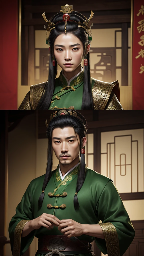 oriental、ancient chinese man wearing green clothes、ancient chinese hairstyle man、ancient chinese leather crown、three kingdom、multiple warlords、highest quality、masterpiece、ultra high resolution、(Photoreal:1.4)、game poster、inside the house、Upper body、highest quality、masterpiece、ultra high resolution、(Photoreal:1.4)、game poster