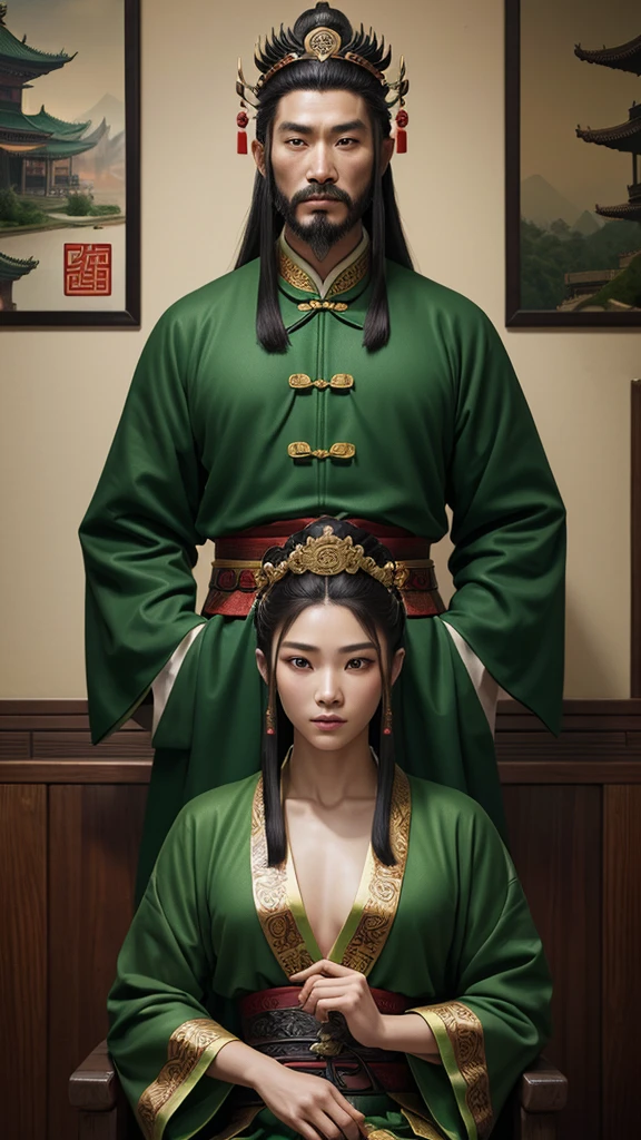 oriental、ancient chinese man wearing green clothes、ancient chinese hairstyle man、ancient chinese leather crown、three kingdom、multiple warlords、highest quality、masterpiece、ultra high resolution、(Photoreal:1.4)、game poster、inside the house、Upper body、highest quality、masterpiece、ultra high resolution、(Photoreal:1.4)、game poster