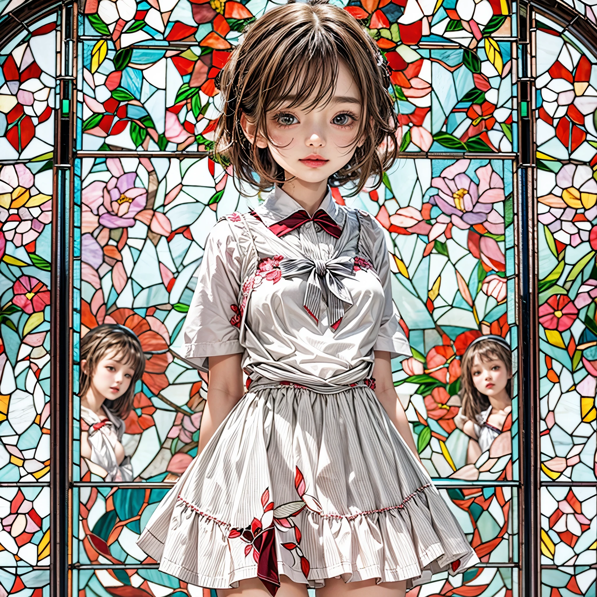(White and Red, Acutance:0.8), Masterpiece, (physically-based rendering with ultra-detailed, (realistic and (photorealistic:1.37) with touch of rawness)). A group of KAWAII girls in opened school uniform without brassiere . ((extremely detailed KAWAII face variations) with joyful expressions), { Navel | pretty Ass | Overflowing underboob | (White panties) with blood only in crotch area | (full of Flowers covering girl's body) | (Dazzling colorful stained glass with delicate details:1.2) } . (Exposed:1.2), ((nipple:-0.9)), (not Detailed fingers:-0.9) .