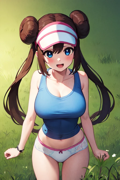 Masseter muscle part, highest quality, Super high resolution, highest quality, anime style, best lighting, beautiful face, masterpiece, high resolution, RO1, bun hair, blue eyes, twin tails, visor cap,underwear, shirt, pink ribbon, watch,  Are standing, cowboy shot, Depth of bounds written, pokeball \(basic\), laughter, (grass background:1.5), pleasant sunny sky, 1 girl、big breasts