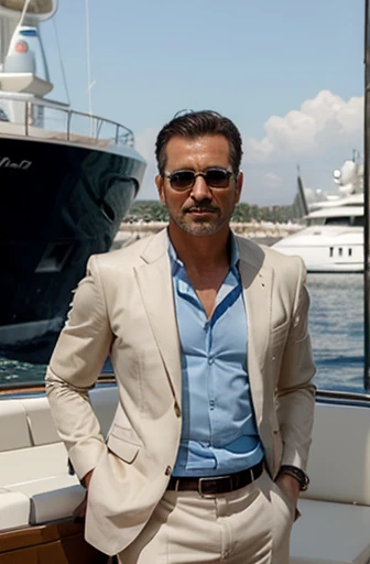 un sex-symbol italiano muy elegante que seduce mujeres, He is 45 years old and is a businessman posing next to a yacht