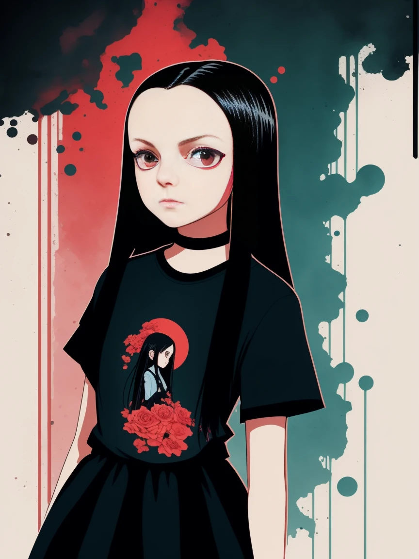 Wednesday Addams, 2D-T-Shirt-Kunst, Cyberpunk, epische Illustration, Vektor, 2D-Illustration, Schwarzer Hintergrund, sehr farbvoll, Moderne Farben mit vollem Farbverlauf, konzentriert, Vorderansicht