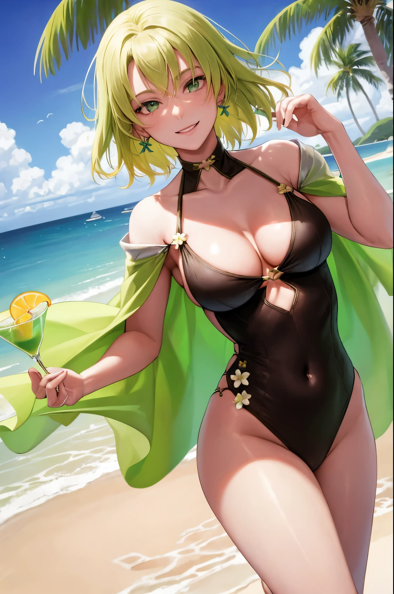 masterpiece, best quality, feSelena, green capelet, one-piece swimsuit, flower, shiny skin, beachside, sand, cocktail, palm trees, looking at viewer, smile, leaning forward, cleavage