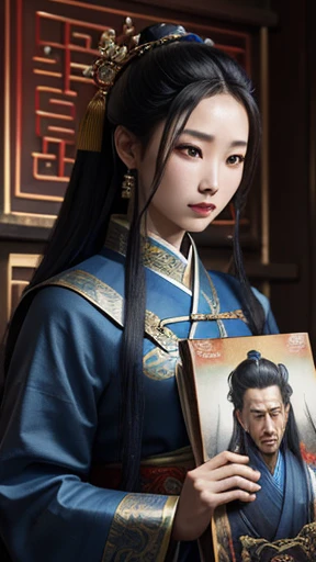 oriental、ancient chinese in blue clothes、ancient chinese hairstyle man、three kingdom、multiple warlords、highest quality、masterpiece、ultra high resolution、(Photoreal:1.4)、game poster、inside the house、Upper body、highest quality、masterpiece、ultra high resolution、(Photoreal:1.4)、game poster