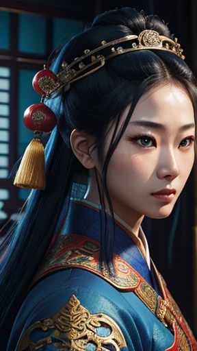 oriental、ancient chinese in blue clothes、ancient chinese hairstyle man、three kingdom、multiple warlords、highest quality、masterpiece、ultra high resolution、(Photoreal:1.4)、game poster、inside the house、Upper body、highest quality、masterpiece、ultra high resolution、(Photoreal:1.4)、game poster