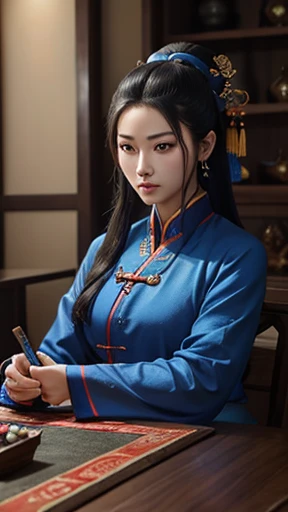 oriental、ancient chinese in blue clothes、ancient chinese hairstyle man、three kingdom、multiple warlords、highest quality、masterpiece、ultra high resolution、(Photoreal:1.4)、game poster、inside the house、Upper body、highest quality、masterpiece、ultra high resolution、(Photoreal:1.4)、game poster