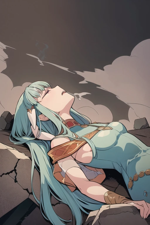 Ninian  lovingly languid in active castle battle after losing a tough battle, lieing lifeless and inert on debris, rubble, and smoke surrounds her. Ninian  in a terrible and weak state. Her tea-length dress has brown dust and black stains on it; Ninian takes slow and painful breaths and her blue and gold open-toe stilletos are cracked. She cannot move from her prone position lieing on her back, unable to open her eyes or breath. (Ninian), (blue hair, blue eyes, small shapely breast, long hair, clammy and dirty face), (Dress), (long tea-length blue drenched dress, bare shoulders, small jewlery, black stains on dress, languid in a dark grey murky castle battle, anguished facial expression, closed eyes, open mouth, shallow labored painful breaths) (anguished closed eyes:1), (Ninian languid, prone on her back, defeated in rubble, heavy smoke, and smoke exhales from her:1.5), Ninian  listless and motionless in a dark grey smokey castle:1.0, Ninian  sullied and dirty:1.2, (Ninian lieing in debris and a dust cloud:1.0), inside has rubble and dust and scraps of metal, two blue and gold open-toe stilletoes are cracked (4K quality, high quality, 4k quality Ninian and dress:1.0), (solo, one person, 1girl:1.5), ninian fe, red eyes, long dress, jewelry, dancer