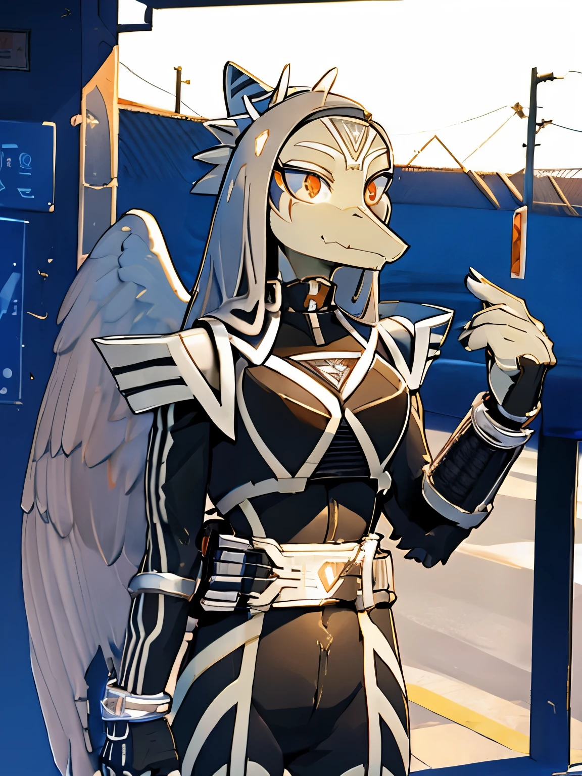 Fang, female, Dinosaur, pterodactylus,  female pterodactylus, female Slim body, small Nice breast, feathered wings, simple eyes, scalie, full-body portrait, looking at viewer, rooftop, No helmet, no mask, unmasked, ((wearing kamen rider kaixa suit, kaixa Belt, female suit, bare face)), (((no mask, no helmet, only suit, Bare head, showing face))), night urban background, night landscape, night sky