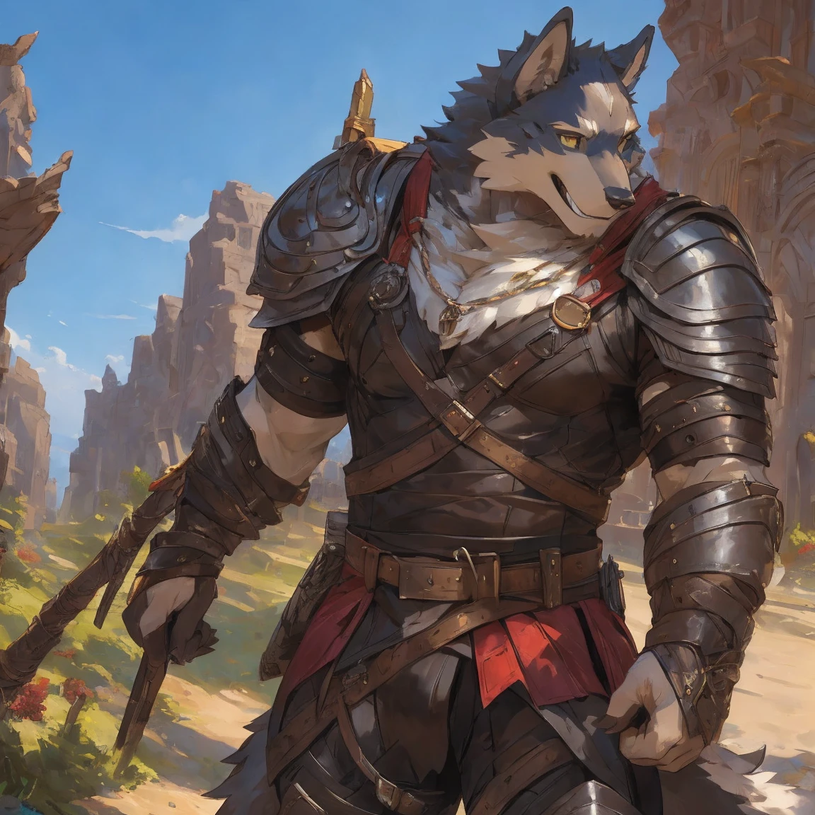 r,wolf,fur,mercenary,Leather armor,smile,tall,male, anthro, furry,by null-ghot
