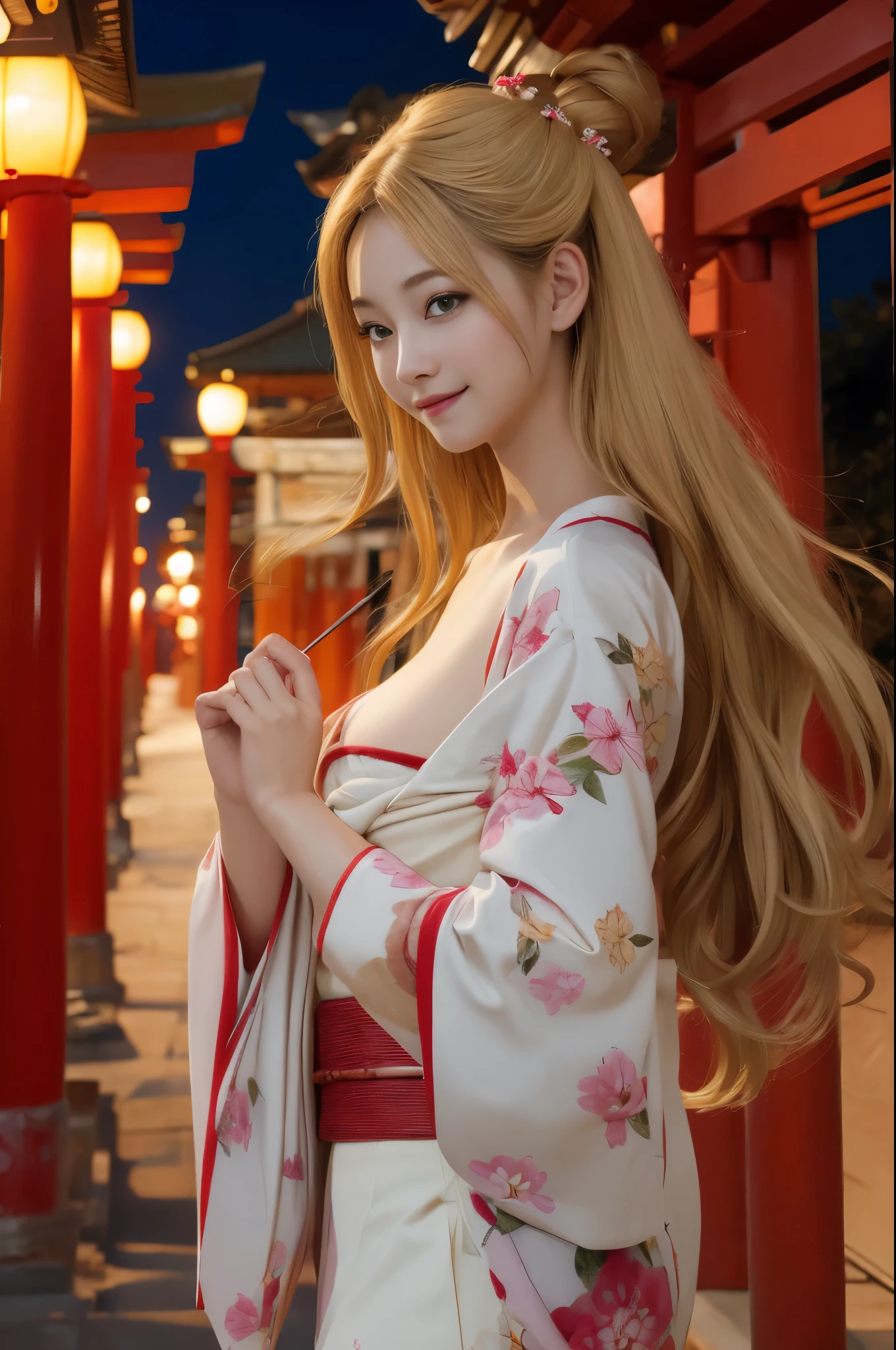 (in 8K、Raw photo、top-quality、超A high resolution、masterpiece、various poses:1.3)、Beautiful blonde precise and detailed two side up hairstyle、Floral kimono、deep in the night、Cute girl posing as a model、独奏、Qing々Smile、Beautiful breasts with attention to detail、Showing off her hair that flows beautifully and delicately down her chest、Looking at the camera、to stand、night temple background、Red torii gate、illuminations