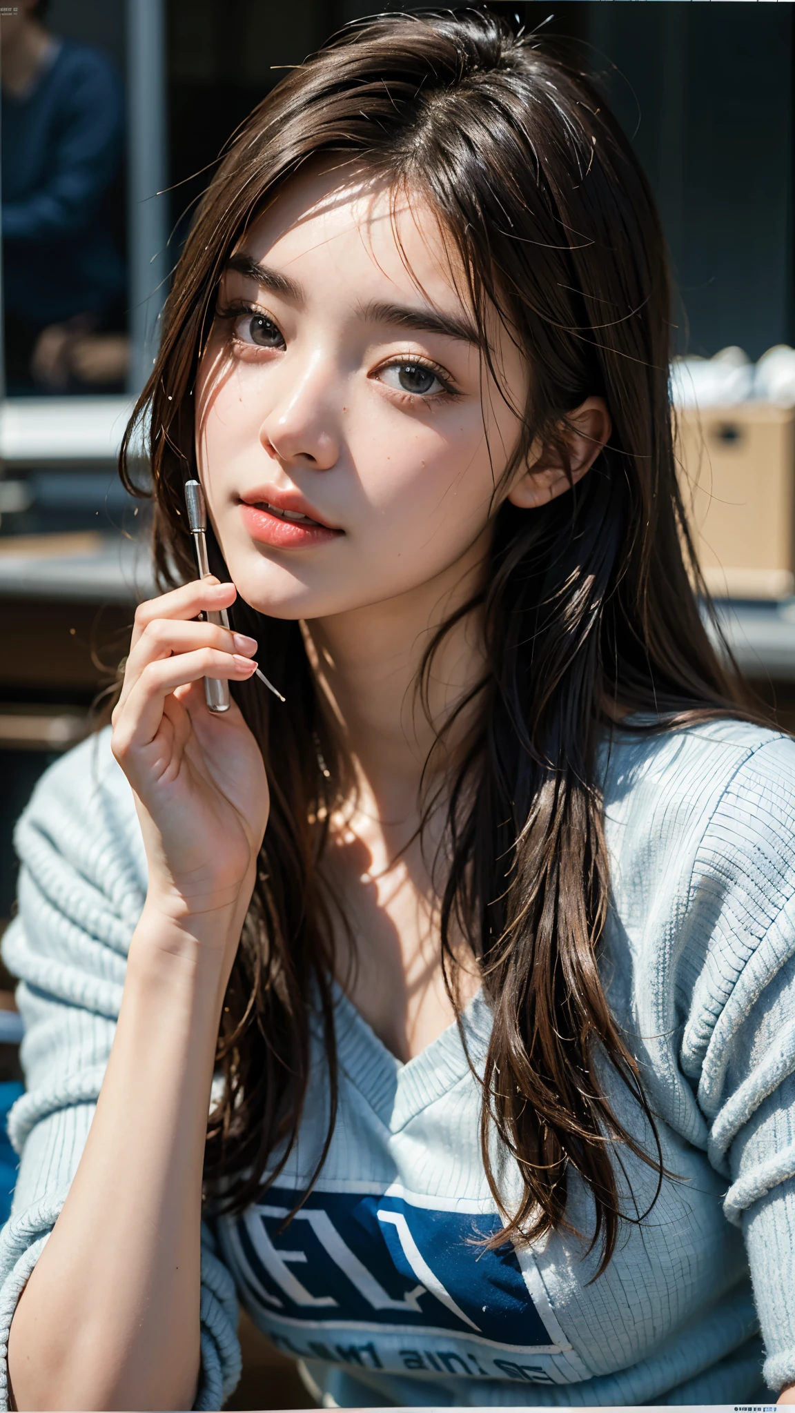 highest quality, masterpiece, ultra high resolution, (realistic:1.4), (close portrait) Raw photo, 1 girl, high school girl, hold a glass, masterpiece, realistic pictures, japanese pictures, fuji negative film, color, contrast, Pocari Sweat Advertisement ,winter,