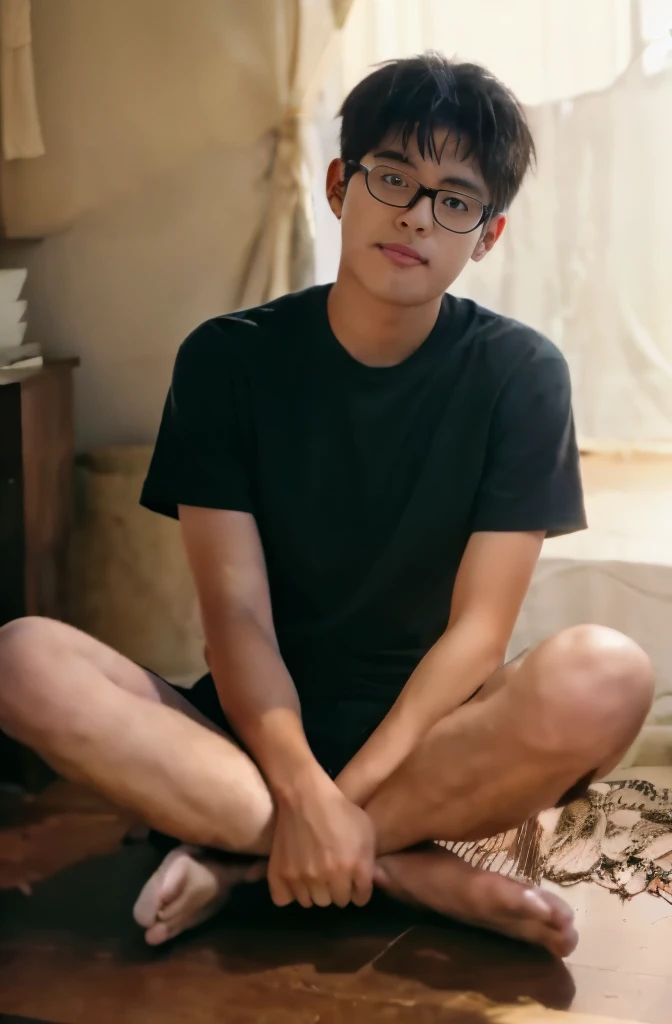 full body photo,
wearing shorts,
Wearing a plain T-shirt,
Leg photo,
barefoot,
toned legs,
hairy legs,
Japanese,
A 27-year-old man,
long legs,
sit on the floor grasping and holding one's knees,
inside the room,
hairstyle:short hair,
hairstyle:black hair,
hairstyle:two block,
black rimmed glasses,