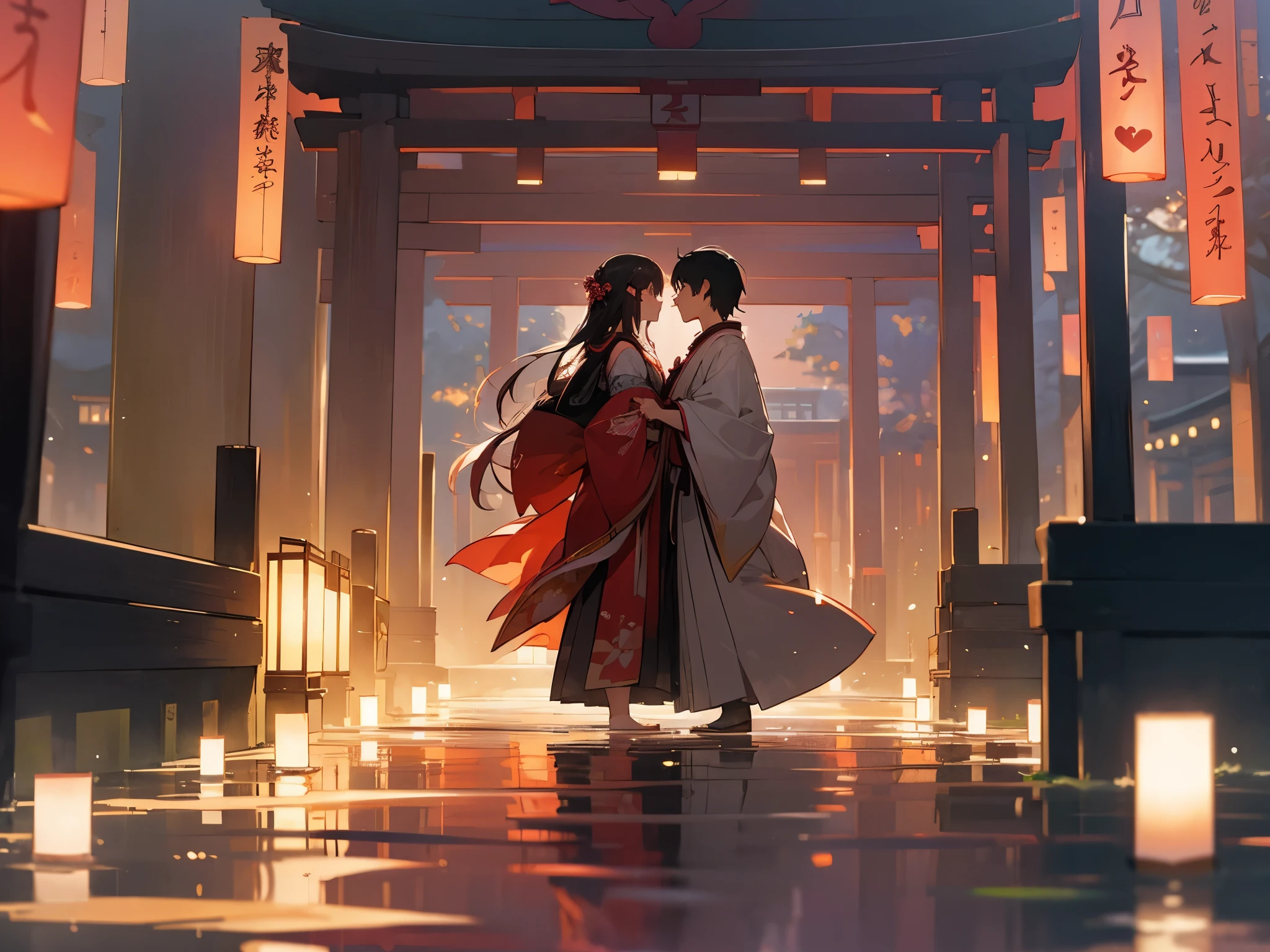 Depict a romantic setting in Kyoto and the message "In the Heart of Kyoto, Our Love Becomes an Eternal Bond."