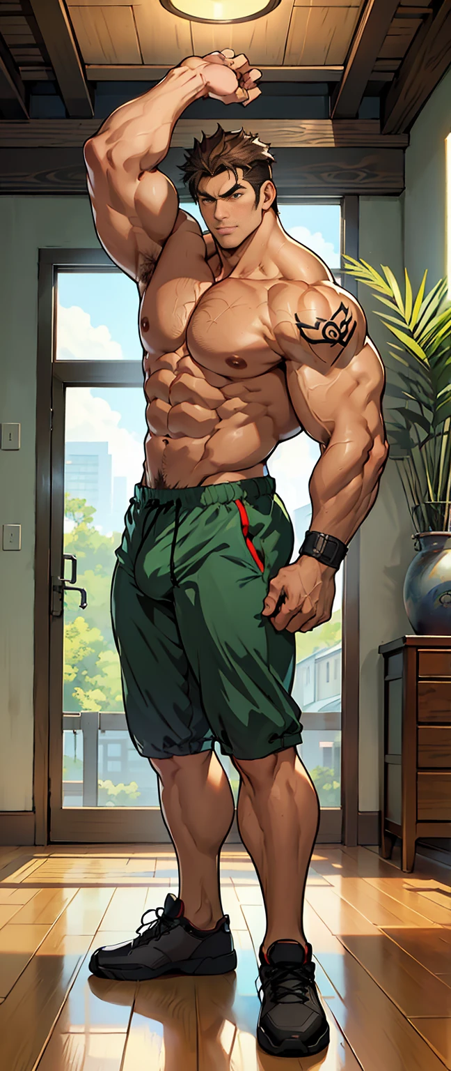 (shoeless),( With a green tattoo on his shoulder),show off thick arms to the audience,(body hair thick),(shorts),(Whole body),(Giant arm),(macropodia),(Long legottom-up view),(Side to audience) ,(Put his hands at his waist), (eyes looking at audience) ,(There a huge protuberance across the part),Side Body,Sense of evil,Sharp eyes,Thick dark brown hair on crotch,closeup of arms,((The camera zooms in)),((The audience blocked by the protagonist in a corner and the perspective slightly lower.)),(Bottom-up view),(crotch),(Shoulders exposed),(Stout arms),Shoulders very broad,Muscles protrude a lot,Bulging crotch,(Long legs),Highest image quality,Anime ,anime wallpaper,Dilation of the pectoral muscles,Espalhe as pernas,sexy,(master part, best quality),((Exaggerated bulge of muscles)),The protagonist very tall and his head almost reaches the ceiling.,The background in an interior with vintage furniture and vintage wooden floor surrounding,Lush woods outside the window,musclebound and hulking, muscular characters, super buff and cool, tall and muscular, muscular!!, very buff, muscular attractive men, massive muscles, big muscle, Muscular men, anime handsome men, muscular!, gigachad muscles, muscular bodies, muscular character,