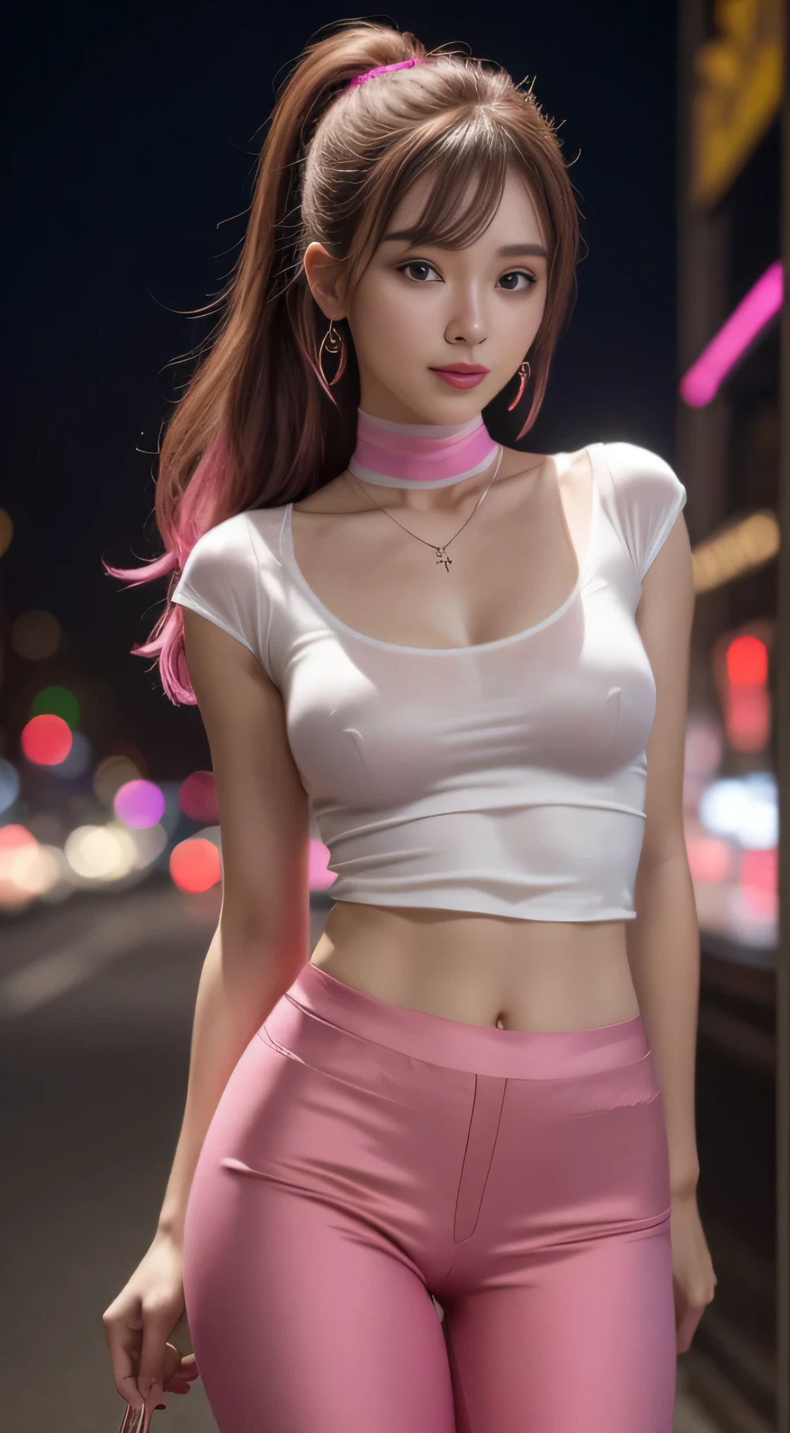 8k, masterpiece, RAW photo, best quality, photorealistic, extremely detailed CG unity 8k wallpaper, Depth of field, Cinematic Light, Lens Flare, Ray tracing, (extremely beautiful face, beautiful lips, beautiful eyes), intricate detail face, ((ultra detailed skin)) 1girl, in the dark, deep shadow, pretty korean girl, kpop idol, 1 girl, (very slim slender fit-muscled body:1.3), ((looking at viewer)),(big smile:1.3), (tight laced blouse), (hot pink color blouse), (sleevelesashion city night, dark night, (neon sign), (blurred background), fashion street night),(without people in the background:1.3), beautiful earrings, bracelets, necklace, pantyhose, clear eyes, (pale skin), (big eyeace forward, ((upper body shot)), ((silk hot pink color pants:1.3)),(brown hairs),((tight fitting silk pants)), (looking at viewer:1.3) open breast, very slim, medium breasts, see through, transparent pants, pony tail, updo hair, ((camel toe))