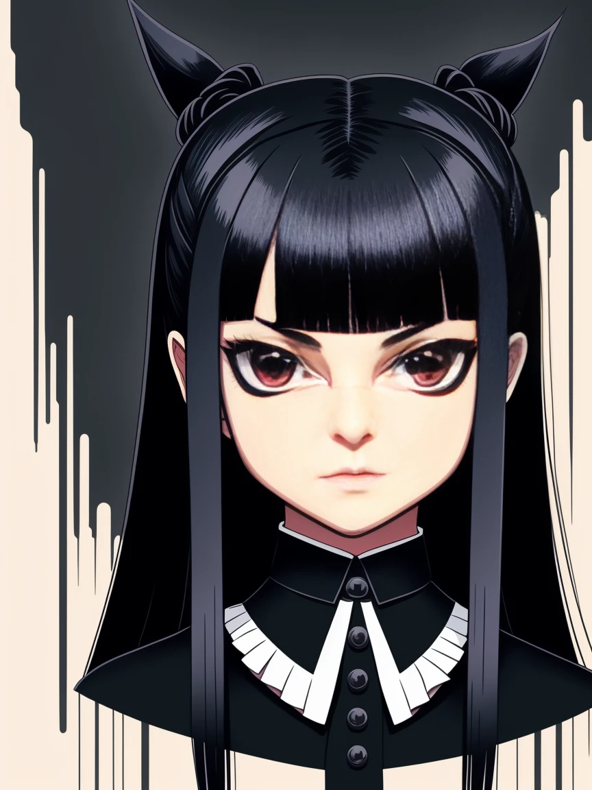 Wednesday Addams, 2D-T-Shirt-Kunst, Gothicpunk, epische Illustration, Vektor, 2D-Illustration, Schwarzer Hintergrund, morbide, sexy, sumi-e ferroink drawing, konzentriert, Vorderansicht