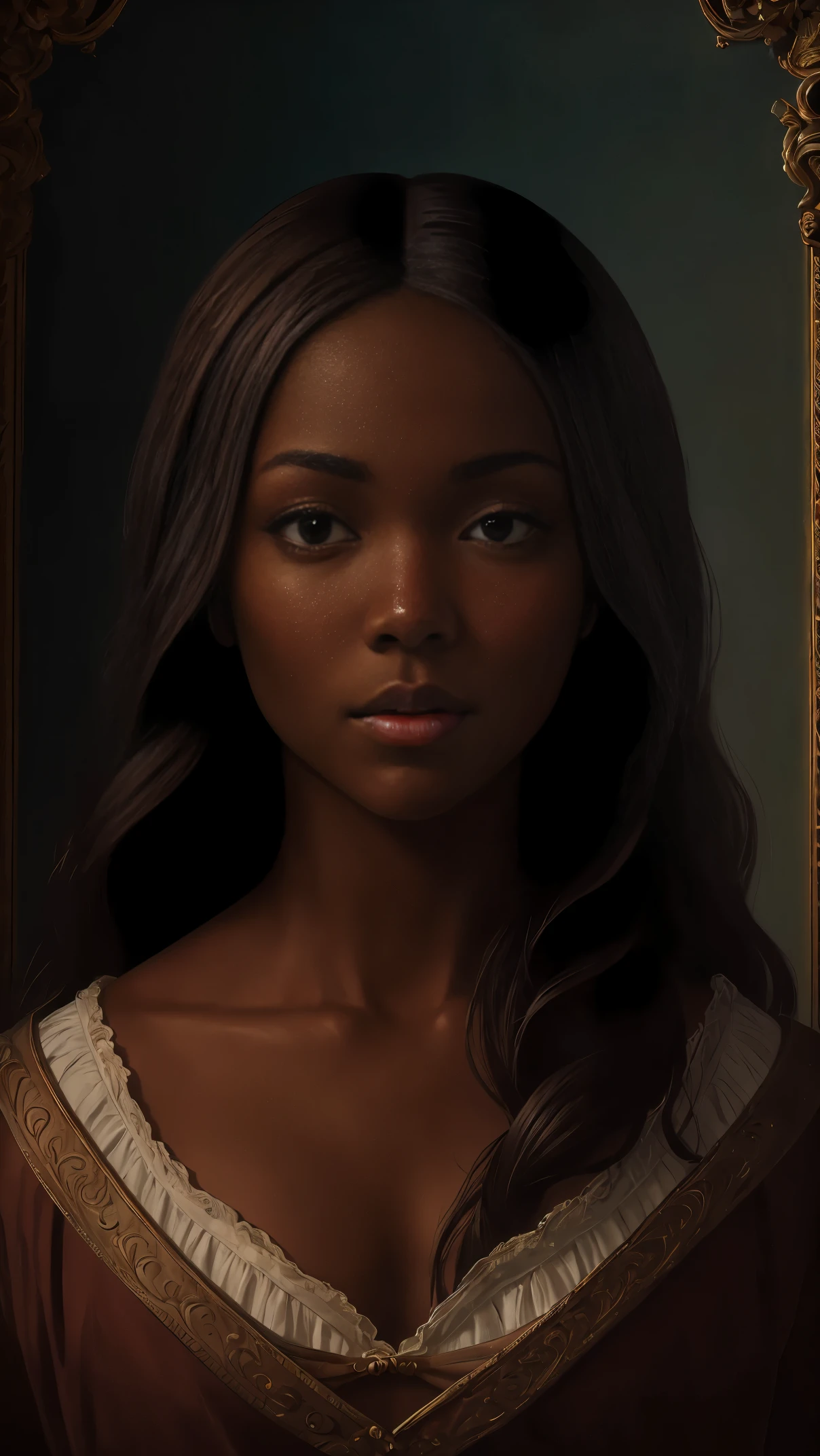 oil painting by Leonardo da Vinci, realistic portrait, closeup face of Gabrielle Union with dark skin, ebony nose, long hair, her eyes are sweet and vibrant, her face symmetrical, rich coffee brown skin, soft torch luminosity on the face by REMBRADT, Adobe Illustration, Trending on Artstation, 8K, hd, cinematic, masterpiece, magnificent art, best quality, romanticism Renaissance period 