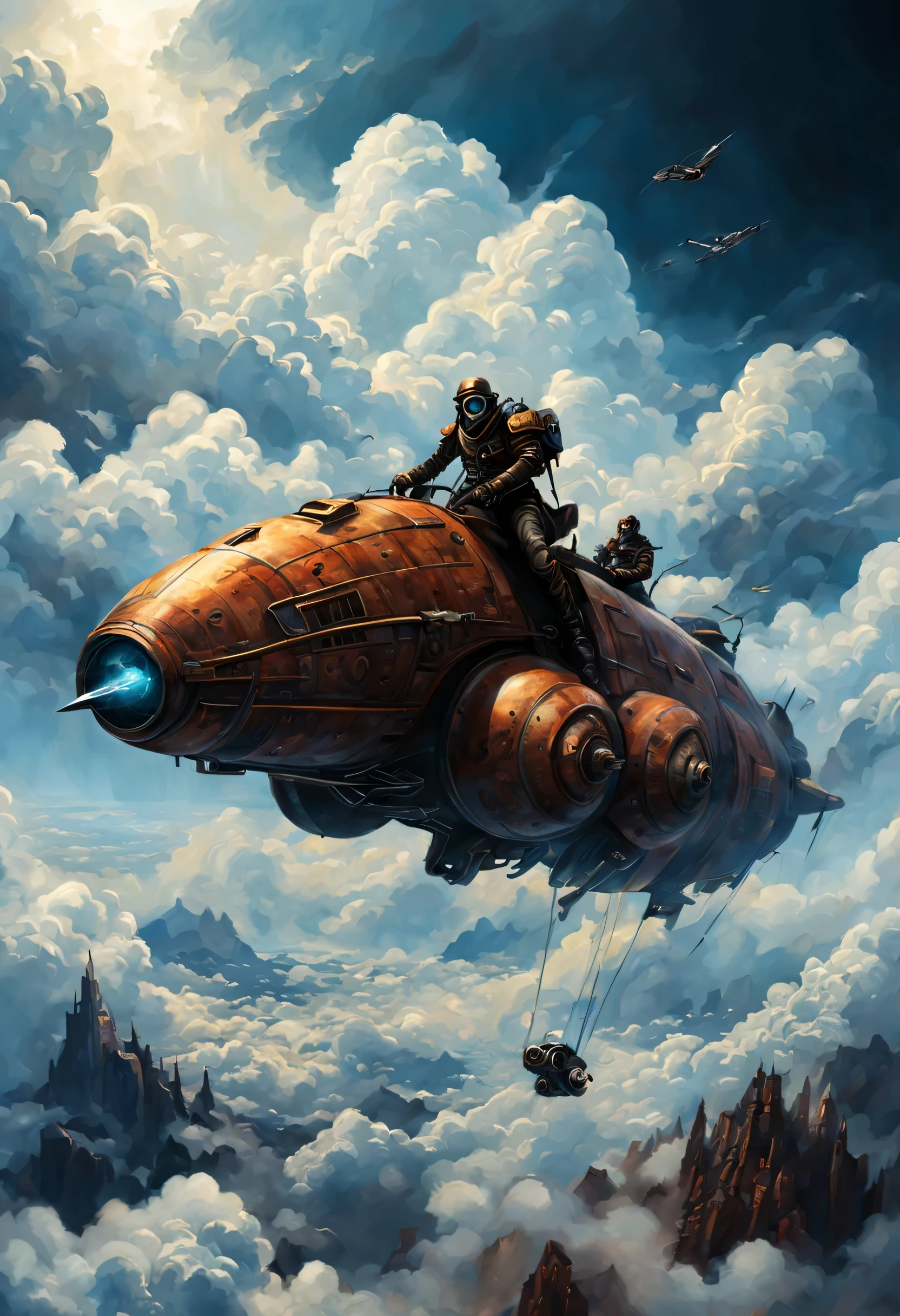 Painting creepy epic fantasy horror, modernism, giant skymancer bonded speeder creature, above the clouds, charged, eerie, daunting, beautifully composed art