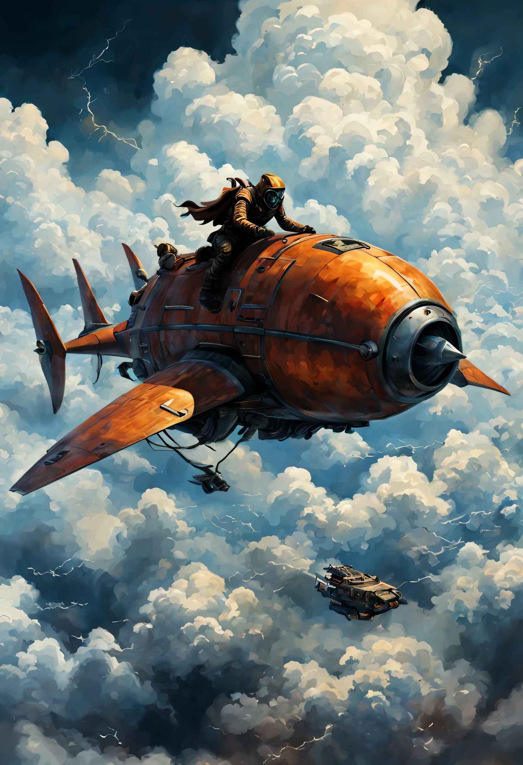 Painting creepy epic fantasy horror, modernism, giant skymancer bonded speeder creature, above the clouds, charged, eerie, daunting, beautifully composed art