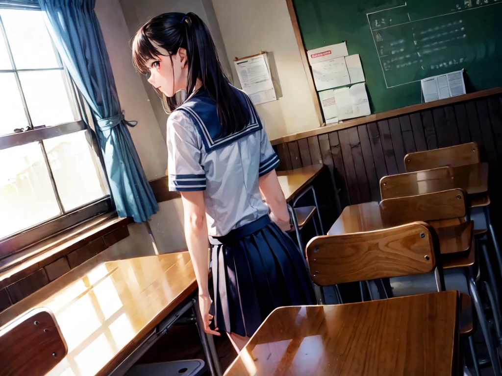 highest quality、cinematic lighting、Back of a female student in a sailor uniform、school classroom、back view、Being in the classroom、