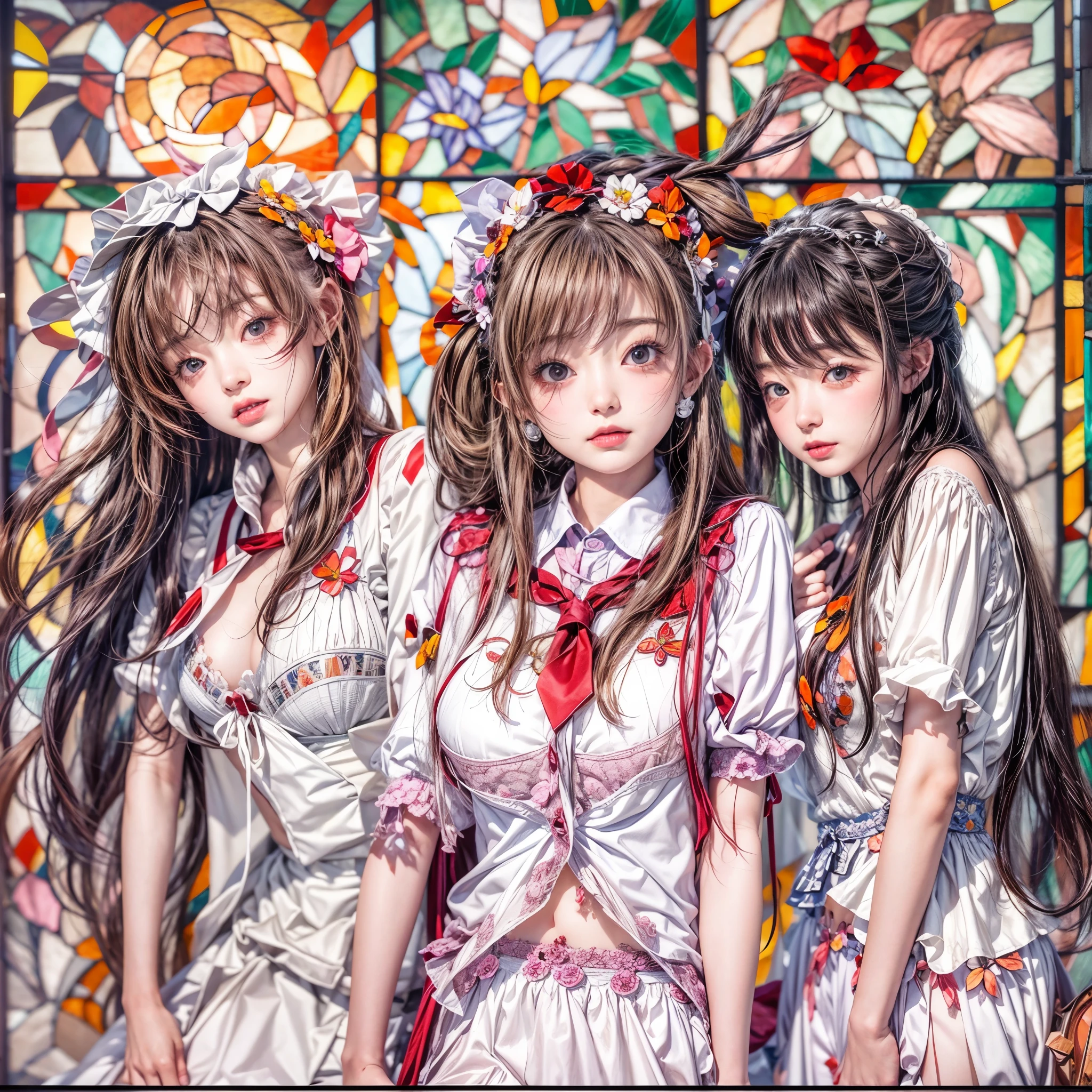 (White and Red, Acutance:0.8), Masterpiece, (physically-based rendering with ultra-detailed, (realistic and (photorealistic:1.37) with touch of rawness)). A group of KAWAII girls in opened school uniform without brassiere . ((extremely detailed KAWAII face variations) with joyful expressions), { Navel | pretty Ass | Overflowing underboob | (White panties) with blood only in crotch area | (full of Flowers covering girl's body) | (Dazzling colorful stained glass with delicate details:1.2) | Dazzling Floating Halo } . (Exposed:1.2), ((nipple:-0.9)), (not Detailed fingers:-0.9) .