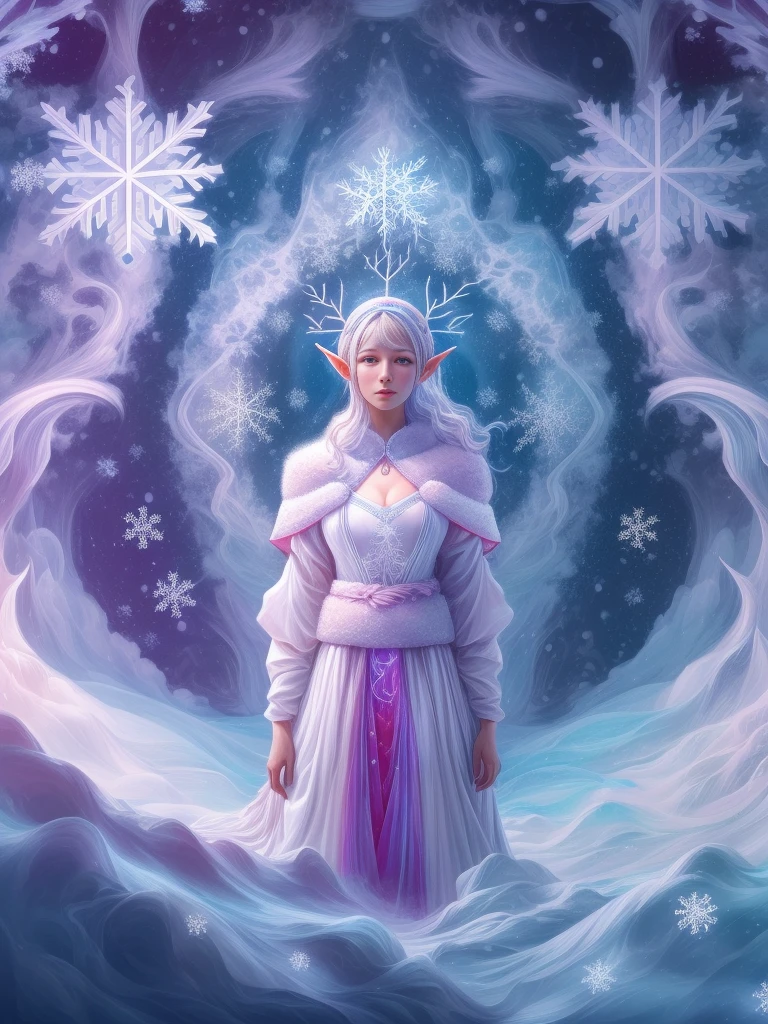 （Female elf stands in front of white snow whirlpool: 1.5），((Her facial features are very beautiful，Pointy ears and charming eyes，Complements flowing hair。The costume she wears combines traditional elf clothing with futuristic technological mechanical elements.))，((pure white snowflakes， Snowy surroundingpectations， depth of field， insight， I got it， Monte， Snow cover, translucent cloud， spectrum， panoramic， snow cycle， crazy， portal， big deal， white light， global snowflake，The sky  full of beautiful snowflakes))，充满活力的white light颜色，thick line，Turbulent snowflakes with multiple layers，prospect、Vision、Fractal ThunderDan Mumford，danford and alex gray style，psychedelic surreal art，Surreal psychedelic design，dream art style， trippy art，Infinite white snow psychedelic wave，inspired by Cyril Rolando (Cyril Rolando)，Realistic snow ripple structure，Psychedelic snow art style，trippy art，Psychedelic illustration，(alone)，(RGB color，Ultra-high saturation)，(Eyes looking directly at the audience:1.5)