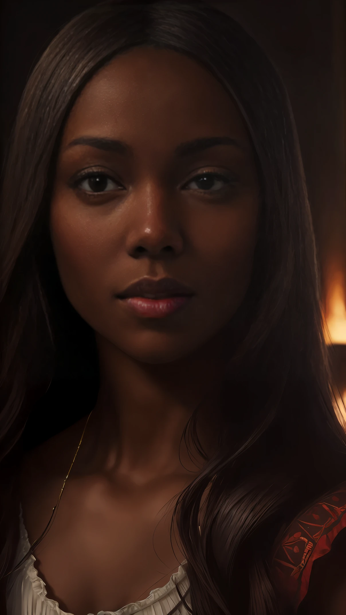 oil painting by Leonardo da Vinci, realistic portrait, closeup face of Gabrielle Union with dark skin, ebony nose, long hair, her eyes are sweet and vibrant, her face symmetrical, rich coffee brown skin, soft torch luminosity on the face by REMBRADT, Adobe Illustration, Trending on Artstation, 8K, hd, cinematic, masterpiece, magnificent art, best quality, romanticism Renaissance period 