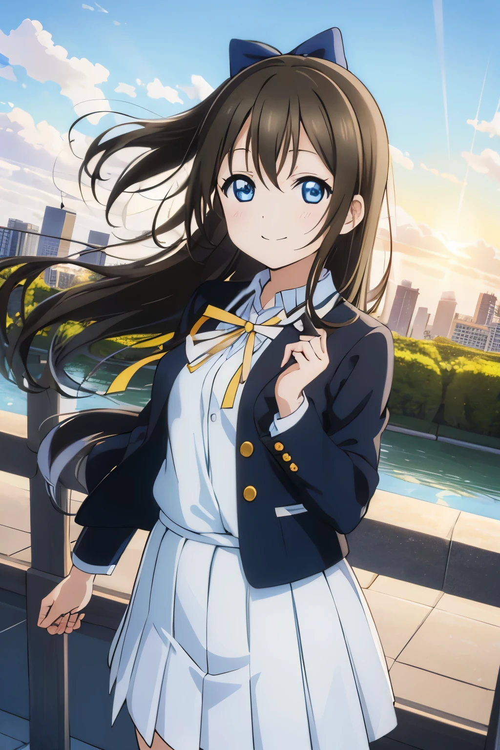 (best quality, masterpiece:1.2), (1girl, solo:1.2), cute, smile,  detailed background, (looking at viewer, solo focus:1.2), light on face, sky, blue sky, upper body, sunlight, lens flare, depth of field, scenery, closed mouth,
osaka shizuku, long hair, hair ribbon, blue eyes, black hair, straight hair, nijigasaki academy school uniform