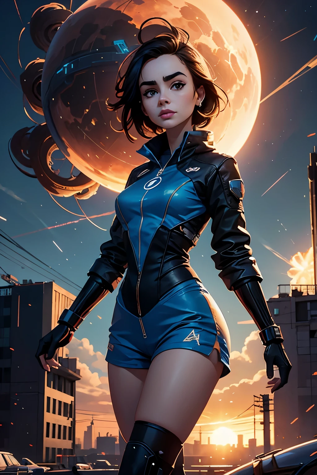 Lily Collins,Tall figure,skin,Upper body shortedium shorts,Complex workmanship,icon,company logo,large sphere,Emit blue light,background with,future technology,cyberpunk city,Large mechanical building,big gear,doomsday ruins,giant tornado,Blue sky and white clouds,lightning thunder,sunset fire cloudultiple planets,end of the world,giant tornado